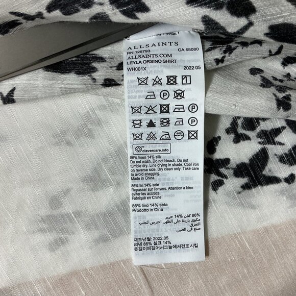 Allsaints Black White Butterfly Print Long Sleeve Leyla Orsino Shirt Blouse US 6 - Picture 8 of 8